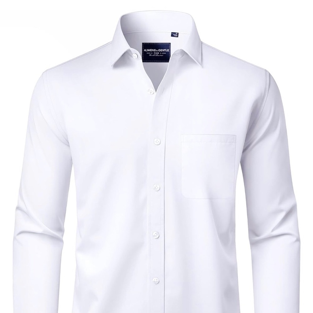 Men's White Dress Shirt with Chest Pocket - Classic Long Sleeve